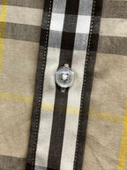 Plaid long-sleeve shirt button front, cream base with black and yellow vertical stripe checks