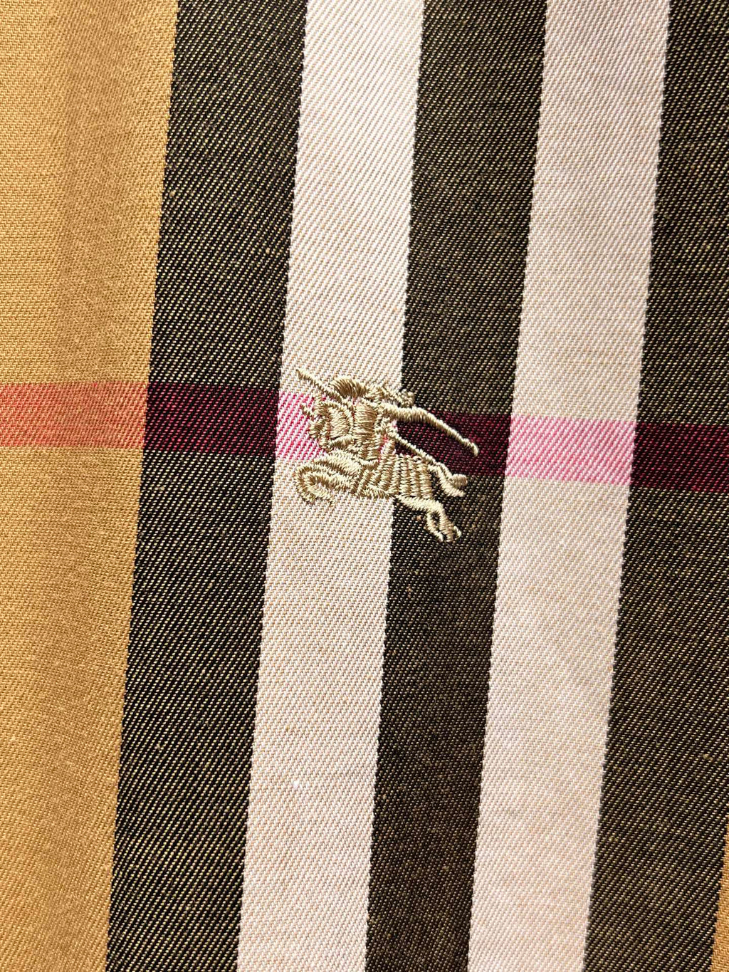 Embroidered logo on plaid long-sleeve shirt fabric panel