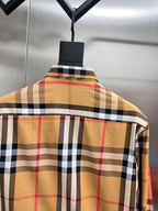 Burberry long-sleeve plaid shirt back with yoke and tan, red, black pattern