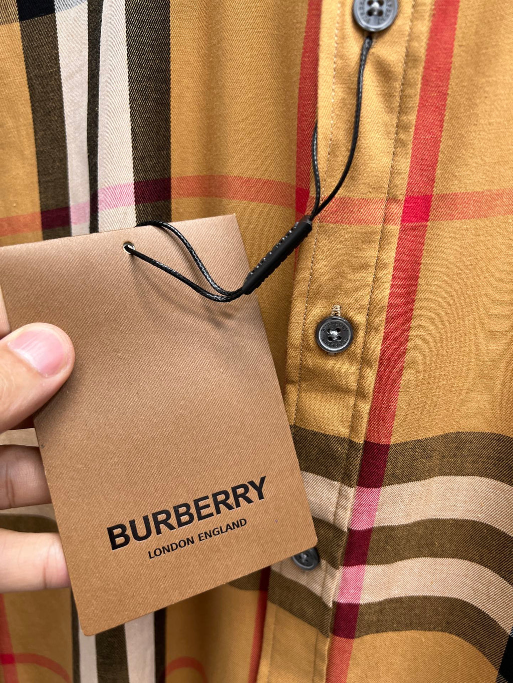 Plaid long-sleeve shirt with hang tag held near button placket