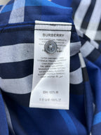 Burberry care label on blue-and-white plaid long-sleeve shirt