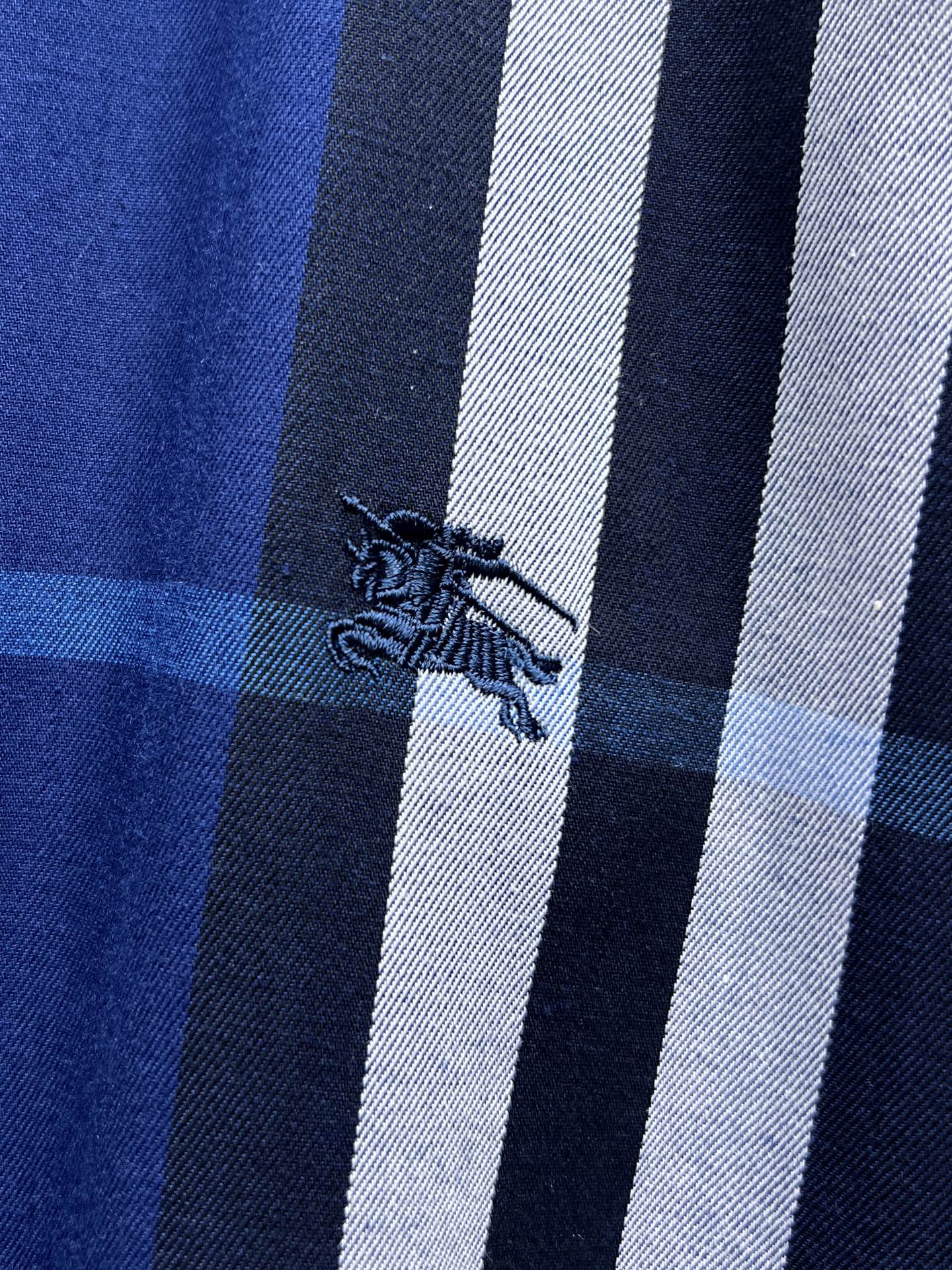Embroidered Burberry horse logo on blue plaid shirt