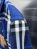 Blue plaid long-sleeve shirt sleeve with white check stripes