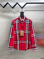 Red and black plaid long-sleeve button-up shirt with point collar and front buttons