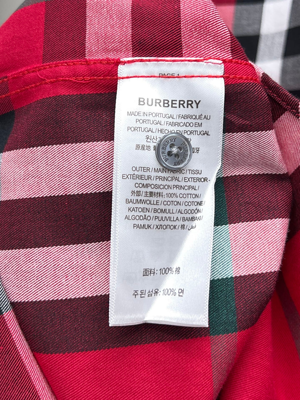Burberry plaid shirt care label with fabric composition
