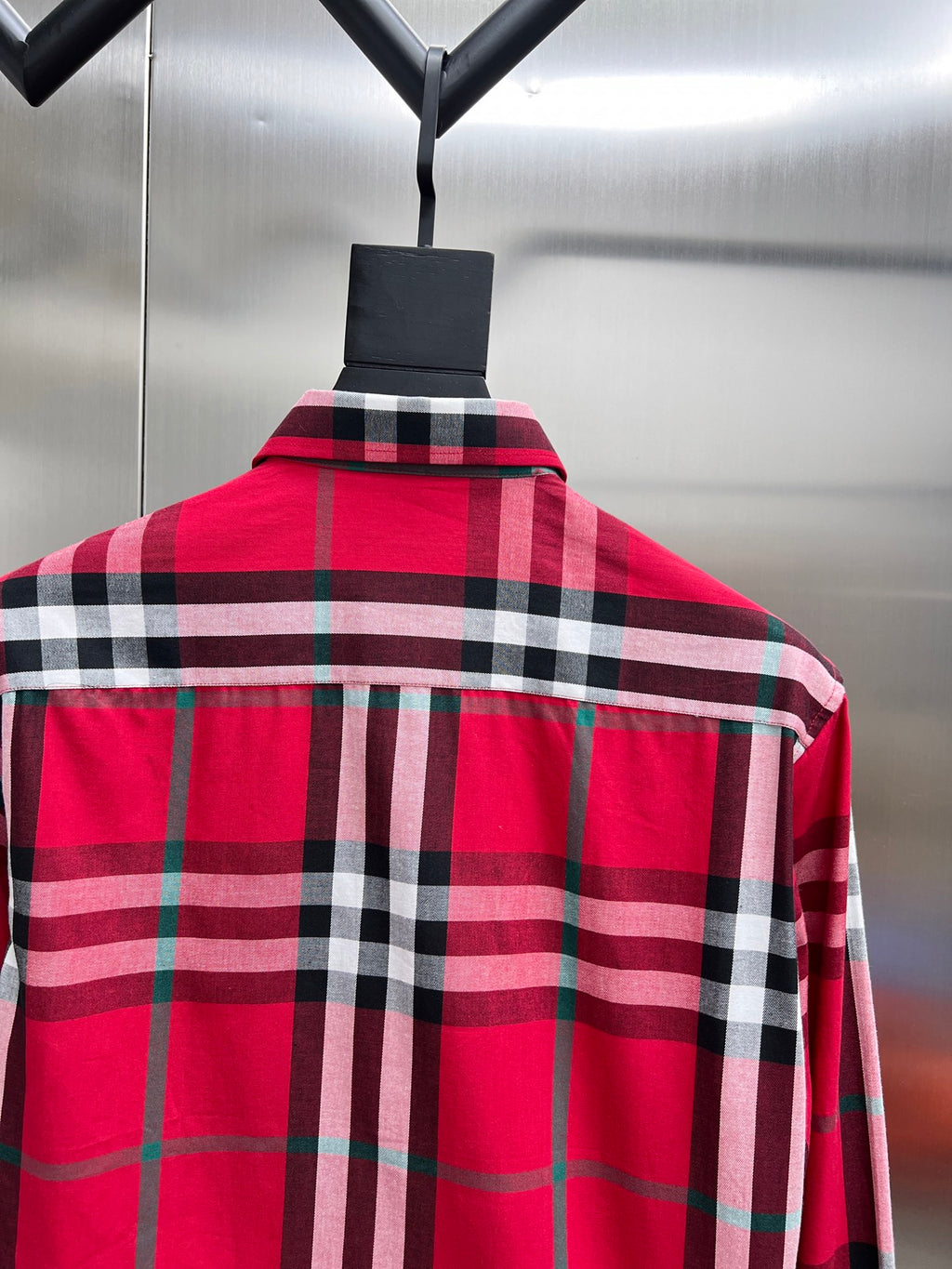 Red and black plaid long-sleeve shirt back view