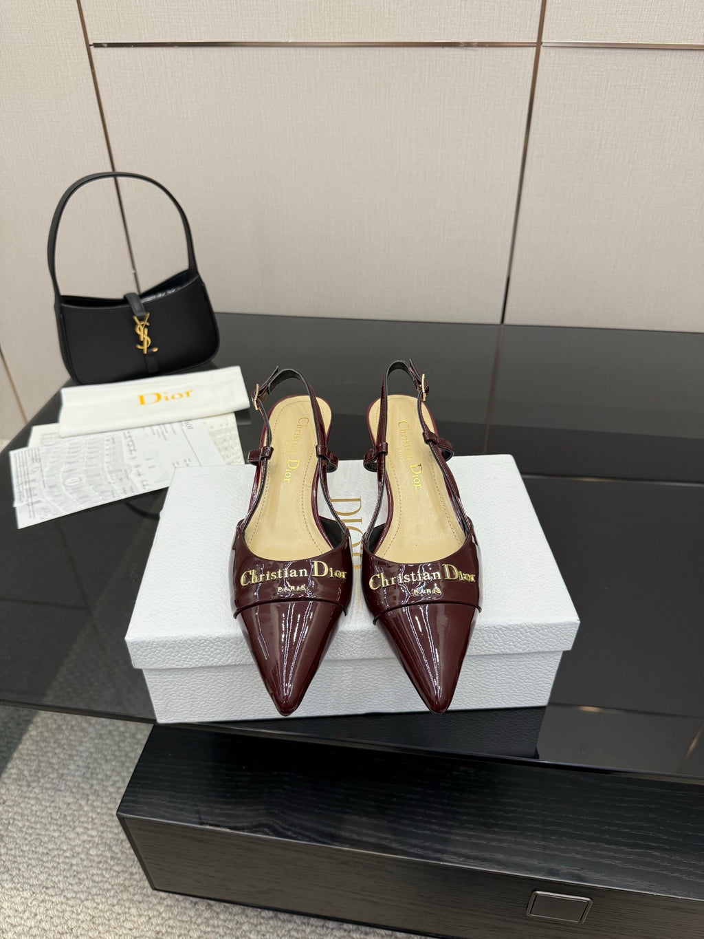 Ladies Dior burgundy pointed-toe slingback heels, low stiletto heel, glossy patent