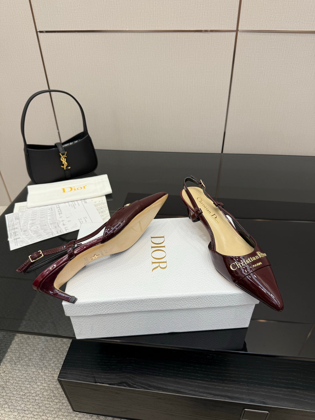Ladies Dior burgundy slingback heels with ankle strap and branded insole detail