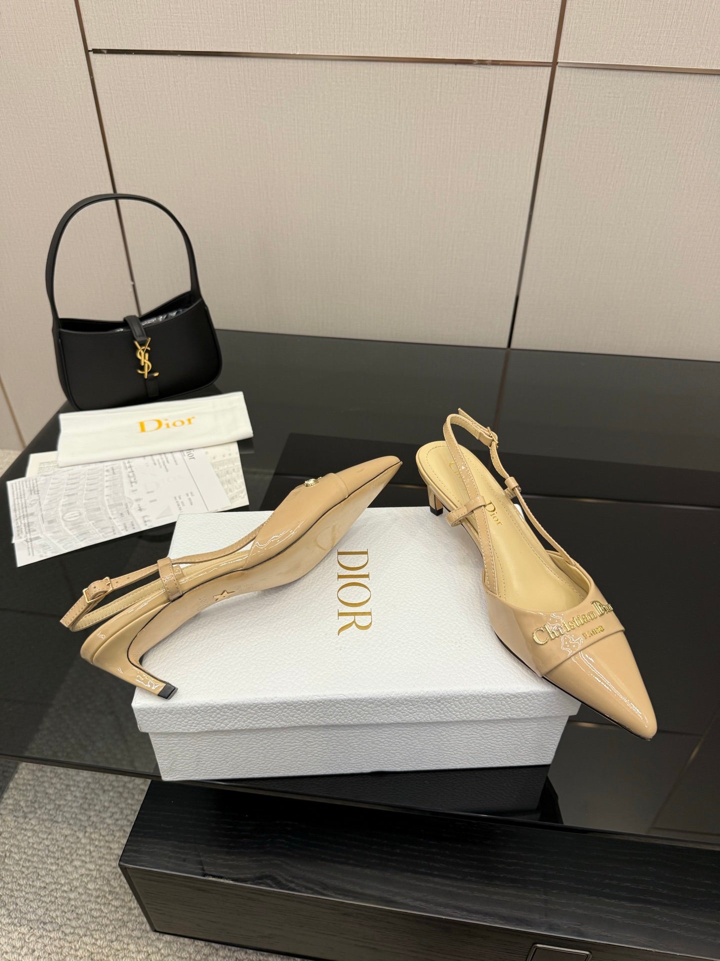 Dior ladies slingback heels, beige patent, pointed toe and thin heel strap