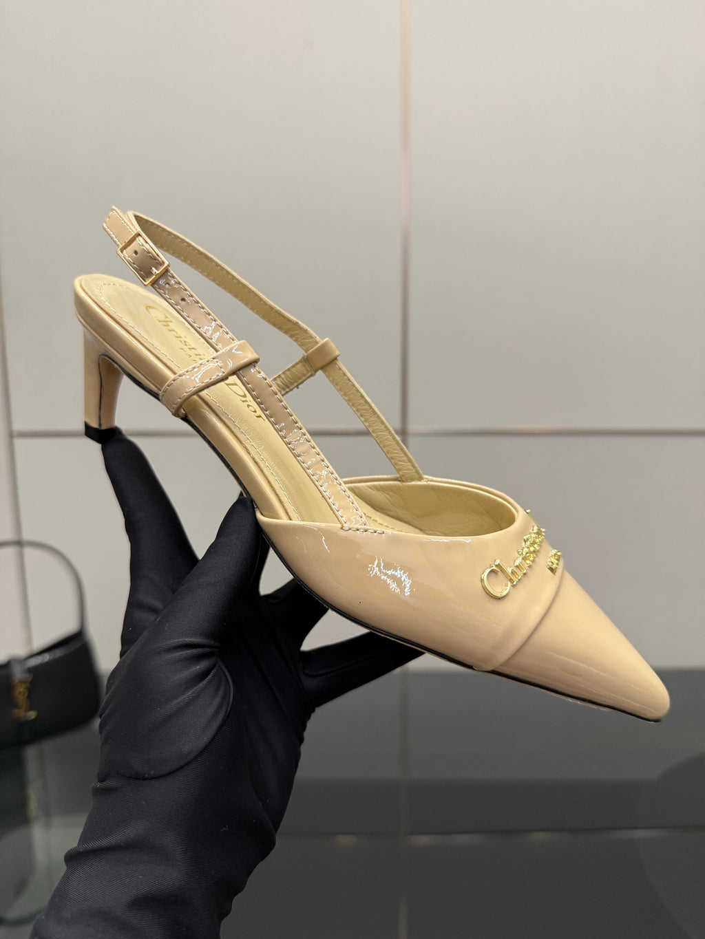 Dior ladies slingback pump heels, beige patent, logo strap and pointed toe