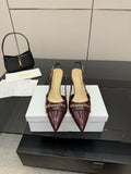 Dior ladies burgundy pointed-toe slingback heels, two shoes on white box.