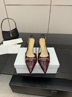 Dior ladies burgundy pointed-toe slingback heels, two shoes on white box.