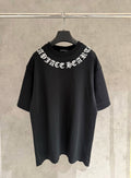 Black short-sleeve T-shirt with white logo text across chest