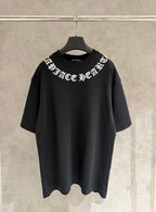 Black short-sleeve T-shirt with white logo text across chest