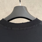 Black crew-neck T-shirt close-up of ribbed collar and neckline
