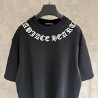 Black short-sleeve T-shirt with white gothic-style chest graphic