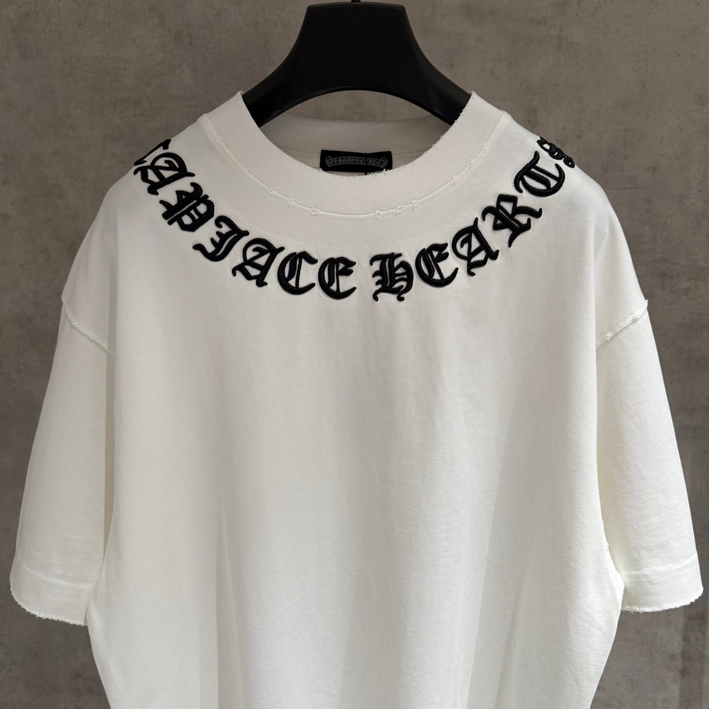 White short-sleeve T-shirt with bold black chest lettering graphic