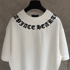 White short-sleeve T-shirt with bold black chest lettering graphic