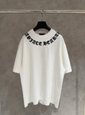 White short-sleeve T-shirt with black stylized chest graphic and crew neck
