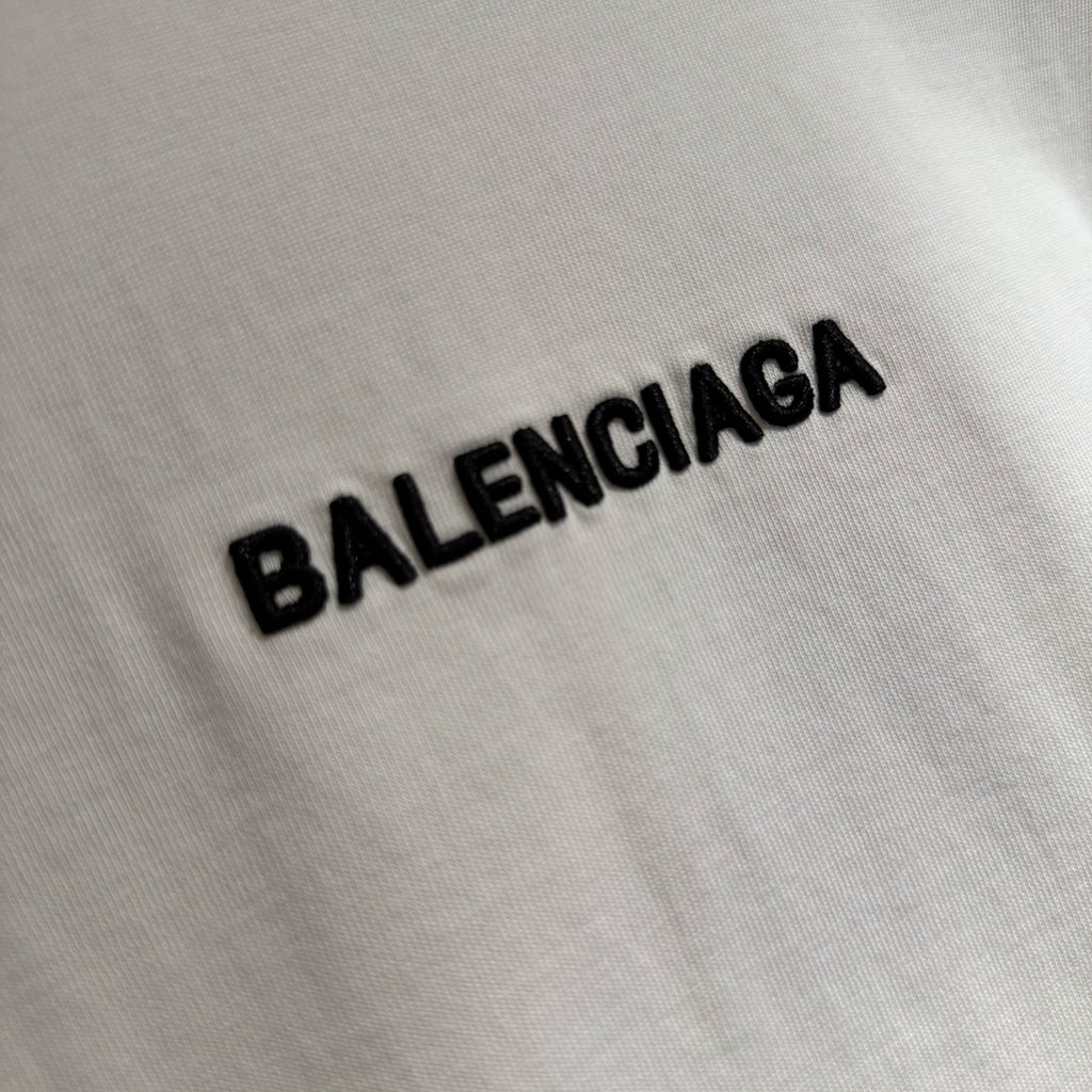 White T-shirt fabric with BALENCIAGA logo text