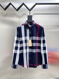 Burberry long-sleeve plaid button-up shirt with navy, white, and red stripes
