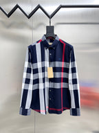 Burberry long-sleeve plaid button-up shirt with navy, white, and red stripes