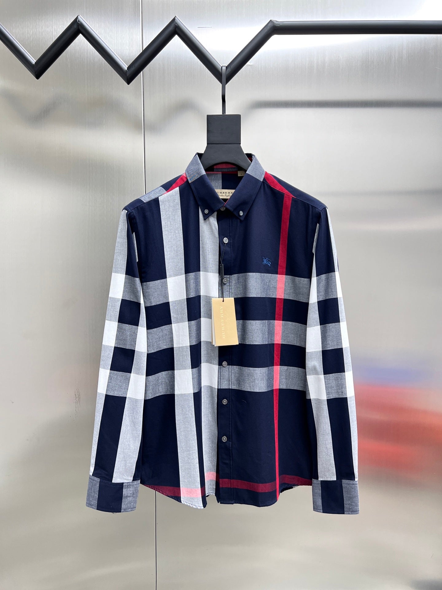 Burberry long-sleeve plaid button-up shirt with navy, white, and red stripes