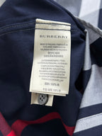 Burberry size label on navy and gray check long-sleeve shirt with button