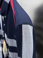 Long-sleeve shirt sleeve panel in navy with light gray and red stripe
