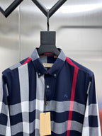 Long-sleeve plaid button-up shirt collar, navy with white blocks and red trim