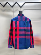 Plaid long-sleeve button-up shirt with blue, red, and purple checks, back view