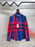 Plaid long-sleeve button-up shirt with blue, red, and purple checks, front view