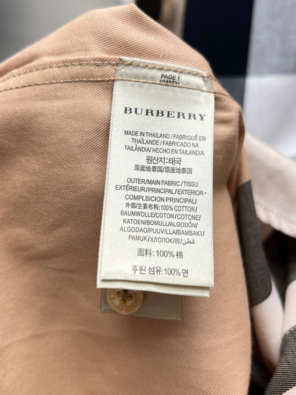 Long-sleeve shirt neck label, Burberry brand and size/care details