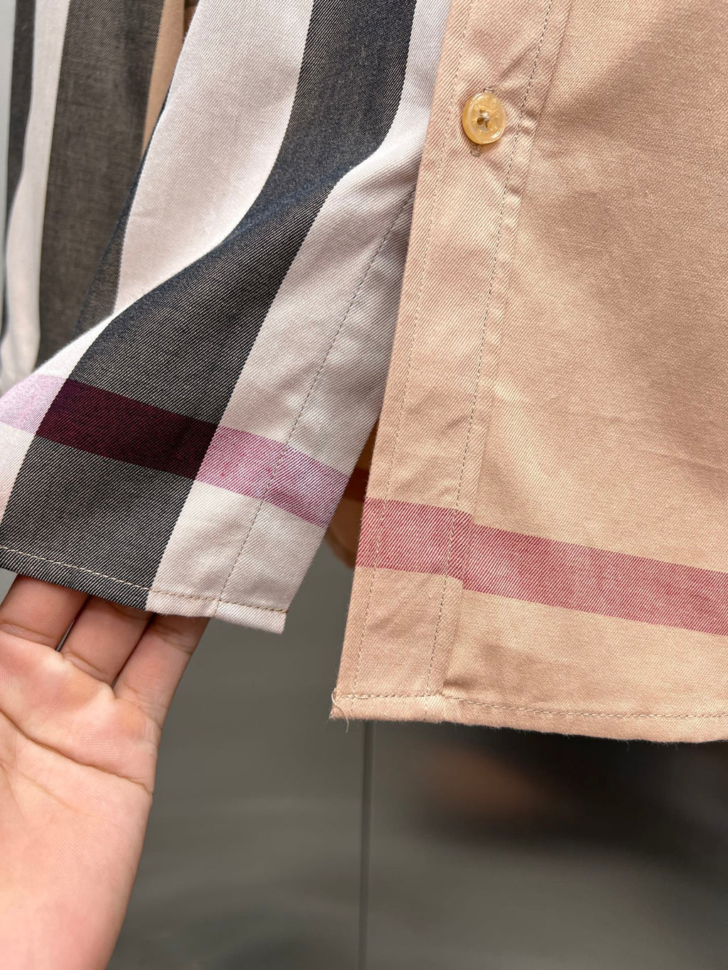 Burberry long-sleeve button shirt, beige with dark and maroon plaid trim