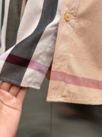 Burberry long-sleeve button shirt, beige with dark and maroon plaid trim