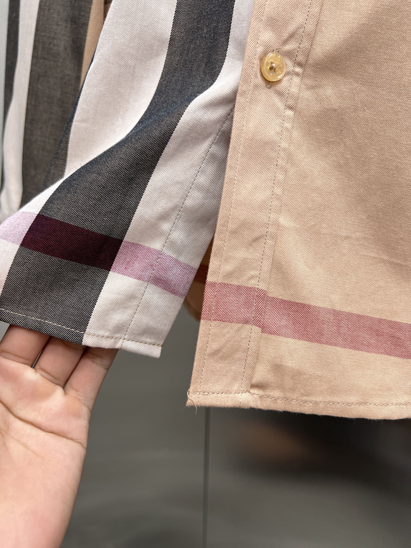 Burberry long-sleeve button shirt, beige with dark and maroon plaid trim