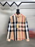 Burberry long-sleeve button-up shirt in beige with navy, white, and red plaid