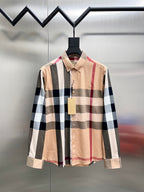 Burberry long-sleeve button-up shirt in beige with navy, white, and red plaid
