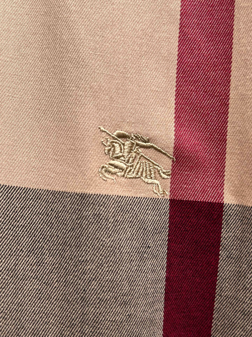 Burberry embroidered logo on plaid fabric panel, beige and dark red check