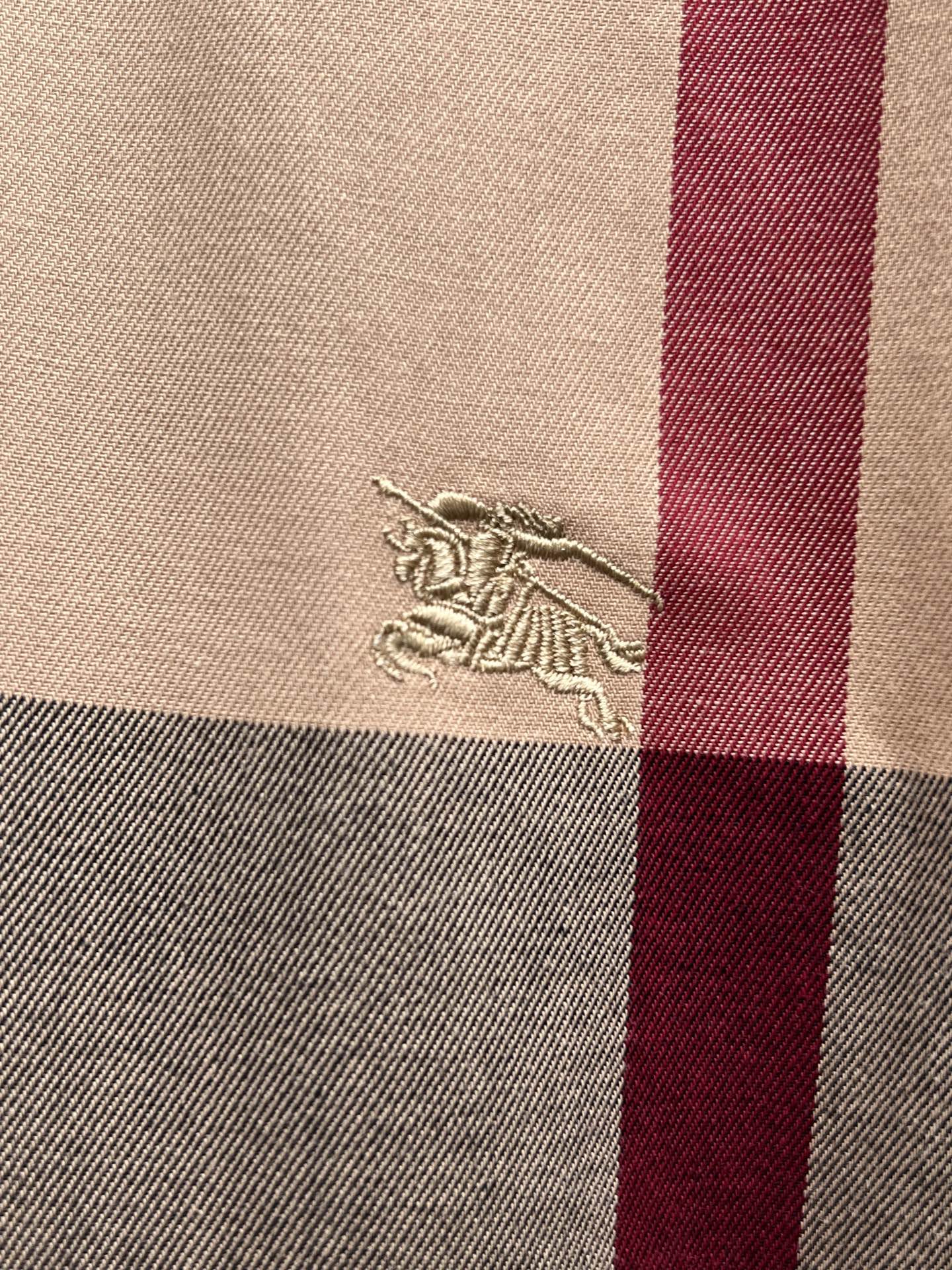 Burberry embroidered logo on plaid fabric panel, beige and dark red check