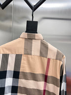 Long-sleeve button shirt back, beige and gray plaid block pattern