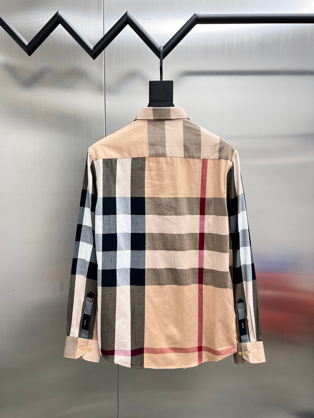 Burberry long-sleeve button-up shirt, back view, beige plaid with navy, white, red