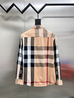 Burberry long-sleeve button-up shirt, back view, beige plaid with navy, white, red