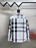 Long-sleeve button-up shirt, back view, white black and maroon plaid.