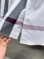 Long-sleeve button-up shirt, white with gray and plum check panel and cuff buttons