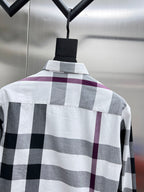 Long-sleeve check shirt, white base with gray and plum large squares