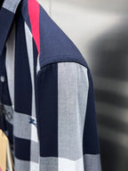 Plaid long-sleeve shirt sleeve with dark navy and light gray panels