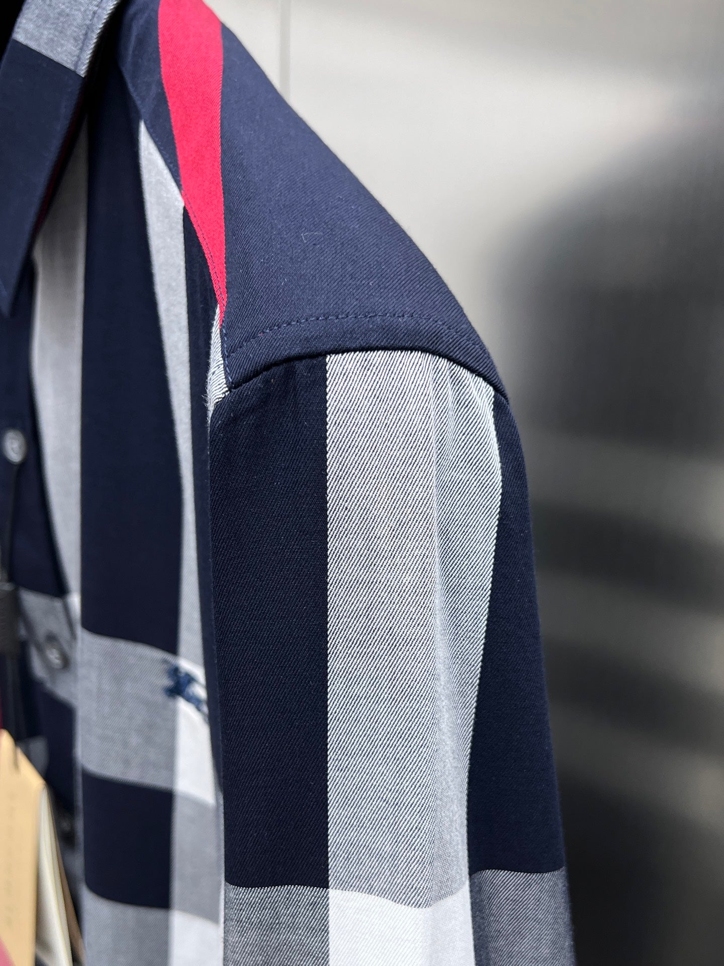 Plaid long-sleeve shirt sleeve with dark navy and light gray panels