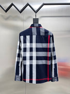 Back view of long-sleeve plaid button-up shirt in navy, white, and red