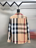 Back view long-sleeve button-up shirt in beige, navy, white, and red plaid